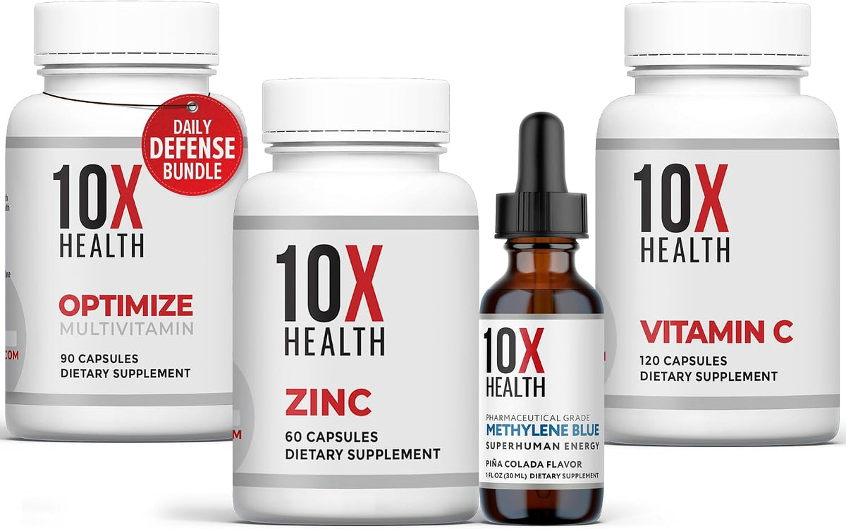 10X Health Methylated Multivitamin - 4-in-1 Kit - 10X Optimize, 10X Zinc, 10X Vitamin C & Methylene Blue Drops, Immunity & Energy Bundle