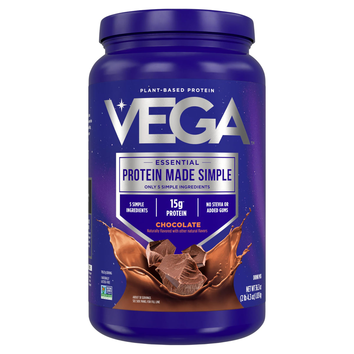 Vega Protein Made Simple - 15g Plant-Based Pea Protein, Chocolate, 39 Servings, Stevia Free, No Artificial Sweeteners or Gums, Non-GMO, Gluten Free