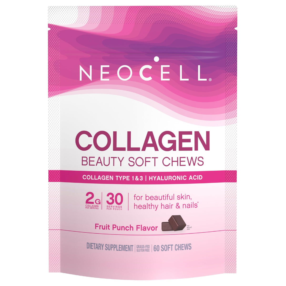 NeoCell Collagen Peptides Soft Chews - 60 Chewables - Beauty Bursts Supplement - with Hyaluronic Acid - Hair, Skin, & Nails - Fruit Punch Flavor