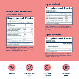 Uqora Flush Advanced+ Regimen with Flush Advanced+ - Cranberry to Reduce Risk of Recurrent UTI** - Defend & Promote - D-Mannose, Vitamin C, Green Tea Extract & Probiotics - 3-Part Bundle UqoraBuy Supplements Australia