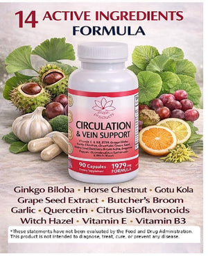 Circulation & Vein Support Supplement - Vitamins E & B3, Ginkgo Biloba, Horse Chestnut, Gotu Kola, Grape Seed, Butcher's Broom & Citrus Bioflavonoids - 1979 mg Formula - 90 Capsules - 30 Days Supply. Main ProductsBuy Supplements Australia