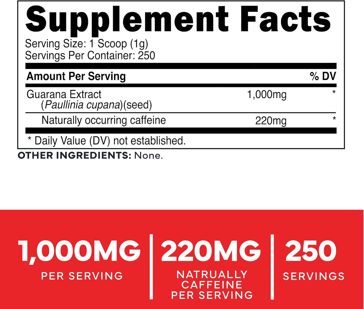 Type Zero Clean Guarana Powder Drink Mix (Unflavored) 250 Servings - 220mg Caffeine Per Serving, Natural Caffeine, Gluten-Free, GMO-Free