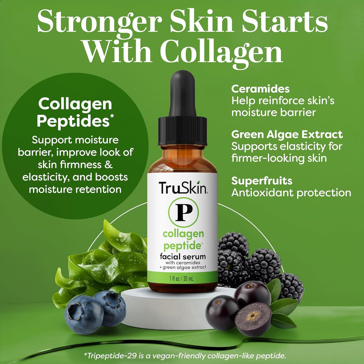 TruSkin Peptide Serum for Face with Tripeptide-29 & Ceramides, 1 fl oz - Multi-peptide formula with Ceramides helps support collagen, skin barrier & firmer-looking skin for smoother texture