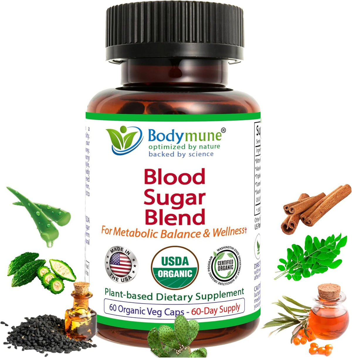 Bodymune Blood Sugar Blend - Organic Blood Sugar Support Supplement - with Bitter Melon Capsules, Moringa, & Black Seed Oil - 66 Capsules - USDA Organic, Vegan, Non-GMO