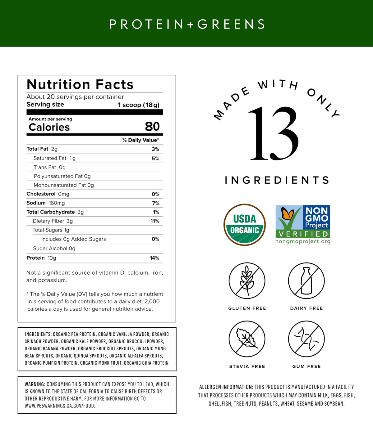 Truvani Protein + Greens Supplement - Spinach, Kale & Broccoli - 10g Organic Plant Based Protein - 20 Servings - USDA Organic - Gluten & Dairy Free