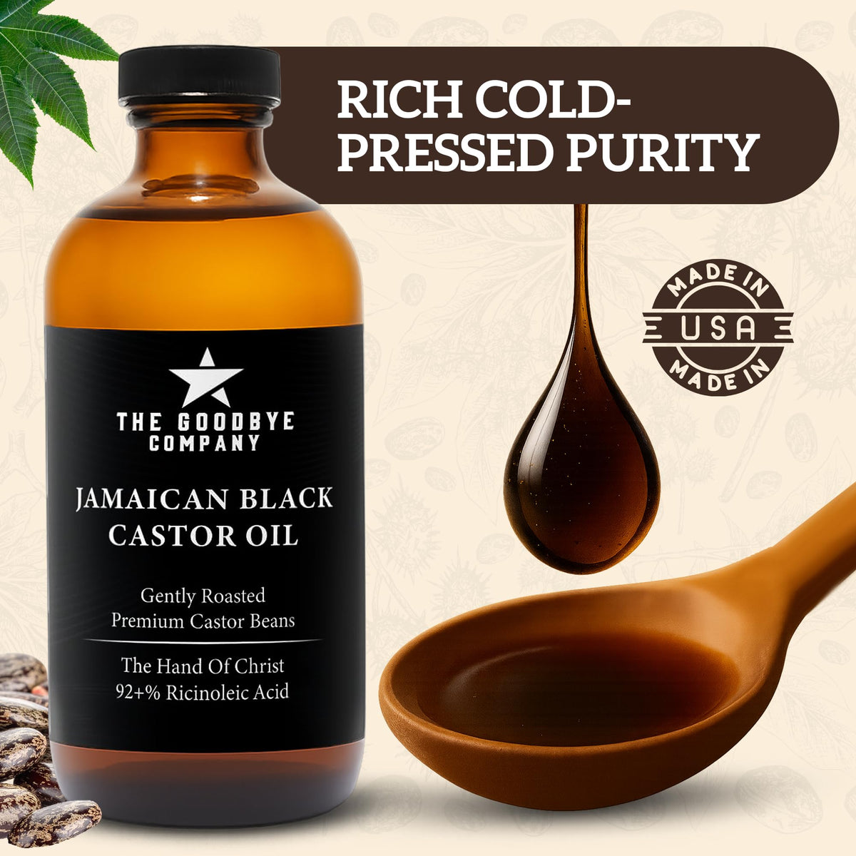 The Goodbye Company Black Castor Oil for Hair Growth - Organic, Cold-Pressed & Unrefined 100% Pure & Hexane-Free - Glass Bottle (450mL) Nourishing Oil for Eyebrow, Eyelash & Stronger Hair (16.9 oz)