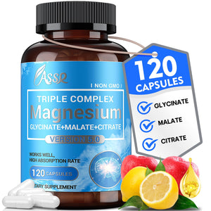 Bottle of ASSR Triple Complex Magnesium supplement with label and capsules on a white background