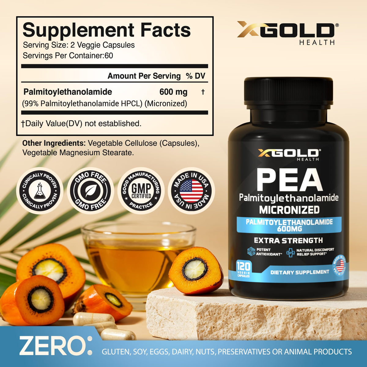 Palmitoylethanolamide Pea Supplement 600 mg - Micronized Pea 99% Highly Purified and Bioavailable - Made in USA - Supplement for Men and Women - 120 Capsules