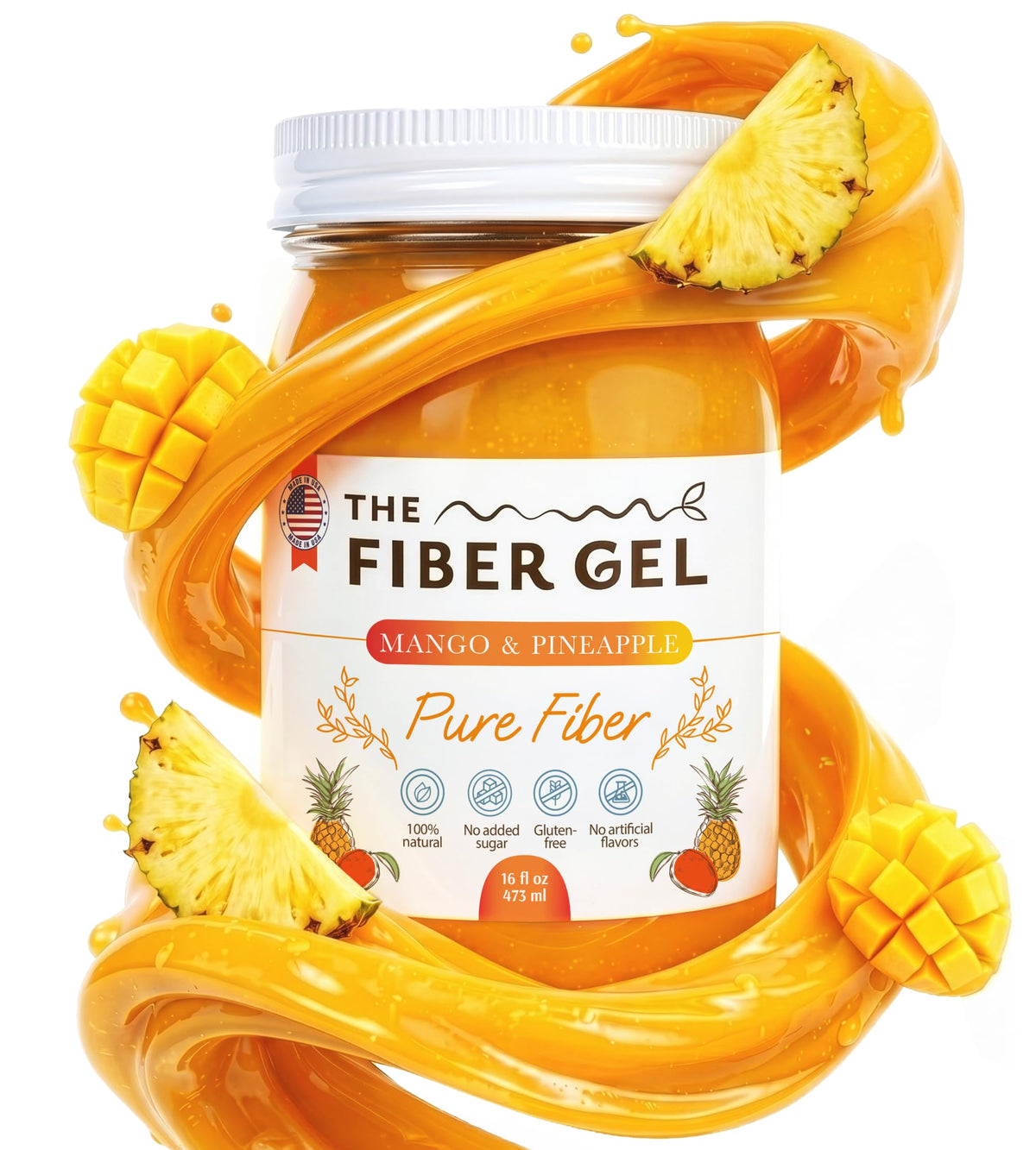 The Fiber Gel High Dietary Fiber Prebiotic Gel Formula - 100% Natural & Clean Label - Plant-Based Psyllium Husk & Inulin Complex - Keto Friendly, Vegan, No Added Sugar - Mango&Pineapple, 16 oz