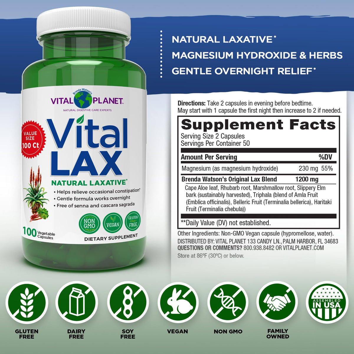 Vital Planet - Vital Lax Natural Laxative Cleanse Supplement for Occasional Constipation, with Magnesium Hydroxide, Slippery Elm, Aloe