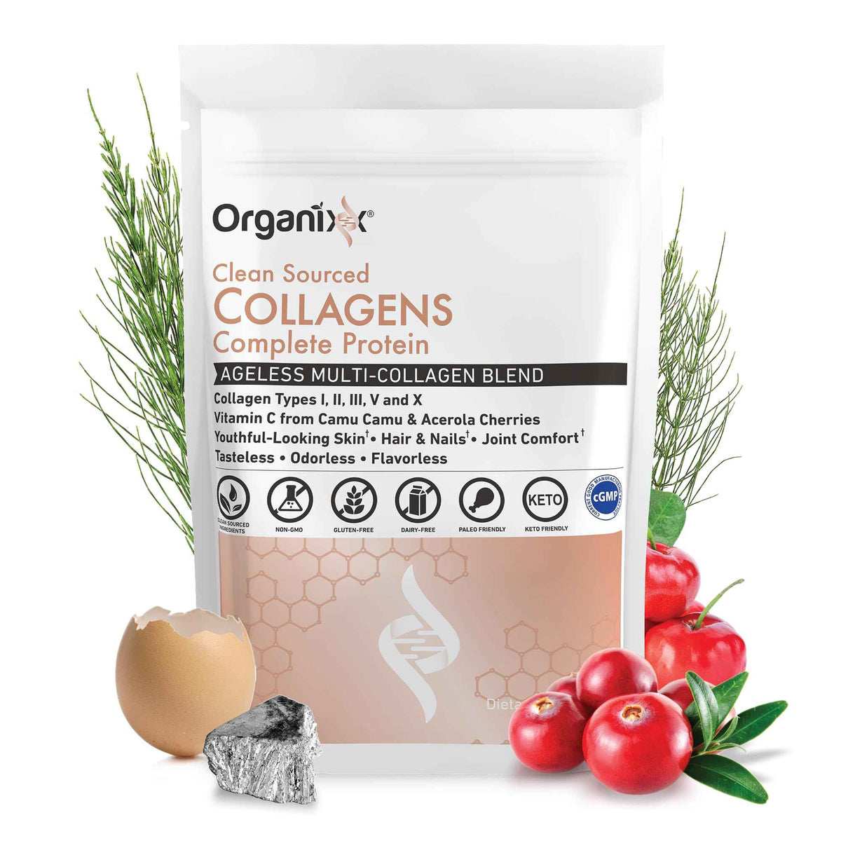 Organixx Clean Sourced Collagen Peptides Powder with Vitamin C, Types I, II, III, V, X Hydrolyzed Collagen, Hair, Nail, Skin, Bone & Joint Health