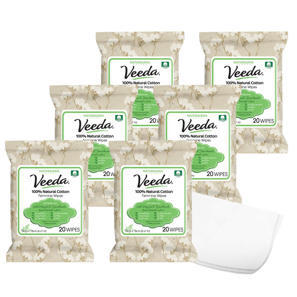 Veeda 100% Natural Cotton PH Balanced Hypoallergenic Feminine Wet Wipes, Safe Cleansing Cloths