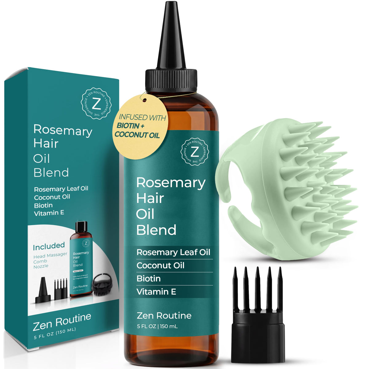Rosemary Oil for Hair Growth + Scalp Massager Set - Strengthening Biotin & Coconut Oil - Hair Thickening Serum - Dry Head, Frizzy, Split Ends & Damaged Scalp Treatment - Color Safe, All Hair Types