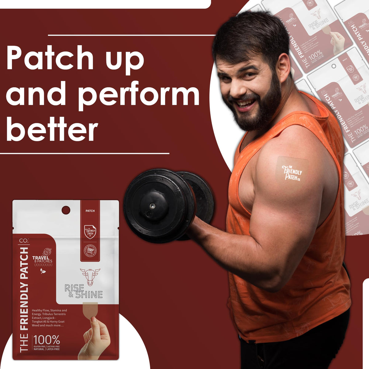 The Friendly Patch Rise & Shine - Stamina strength performance Patches for Men with Tongkat Ali-Longjack, Horny Goat Weed, Tribulus Terrestris, Black Maca extra strength for Men & Women 8-Pack