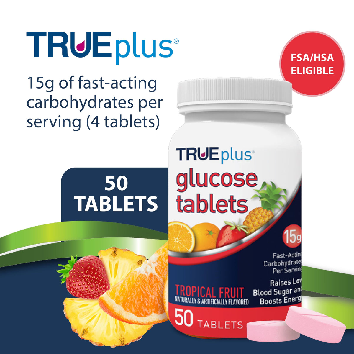 TRUEplus Glucose Tablets, Tropical Fruit Flavor - 50ct Bottle (Pack of 2)