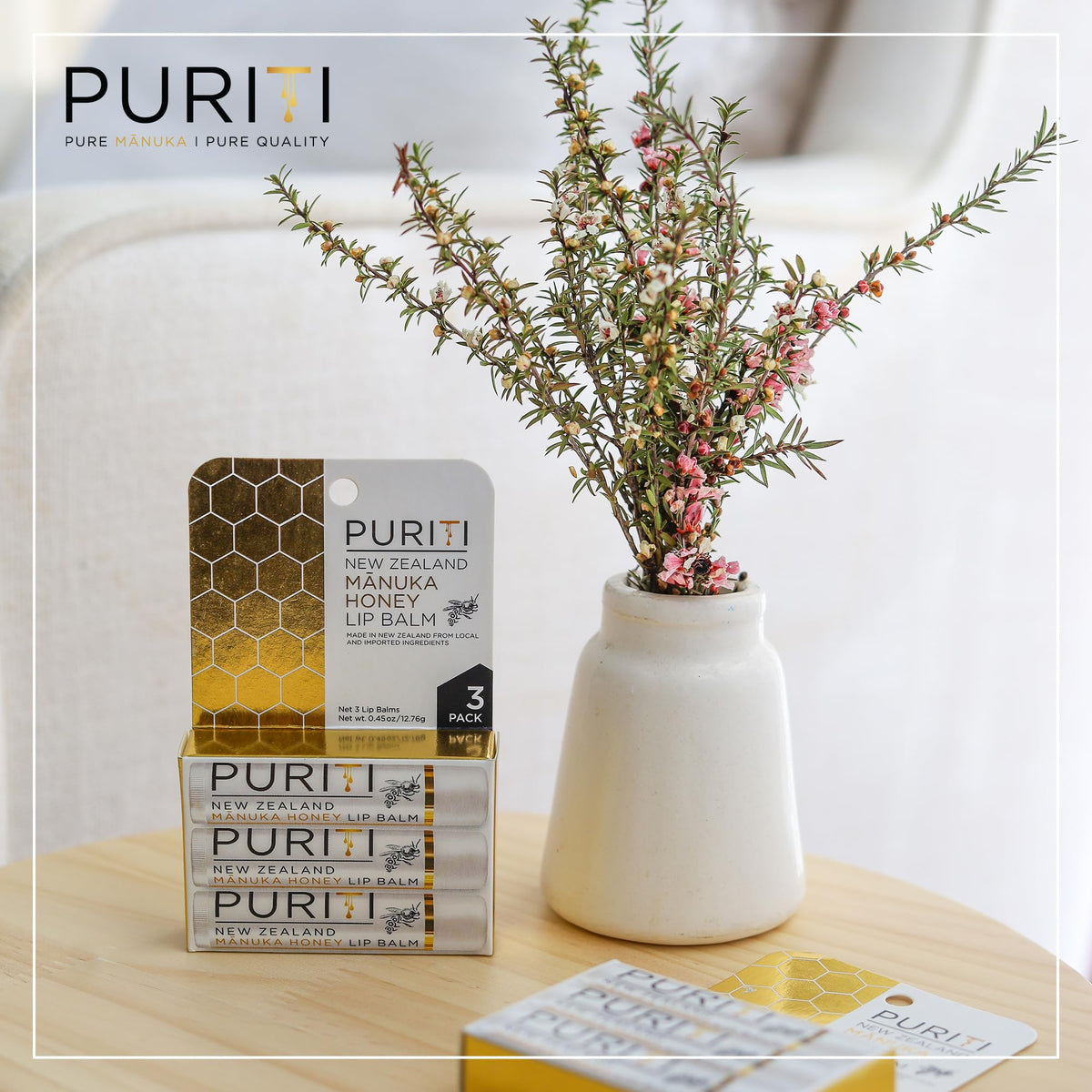 PURITI Manuka Honey Lip Balm - 3pack Soothing & Moisturizing, Enriched with Almond