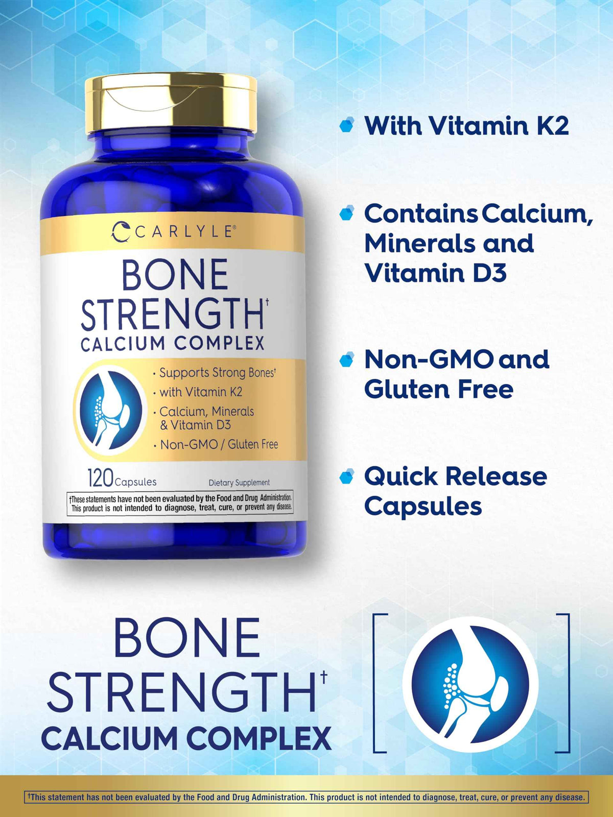 Carlyle Bone Strength Calcium Complex Supplement | with Vitamin D3, Magnesium, K2, Zinc & Boron | 120 Capsules | Non-GMO, Gluten Free
