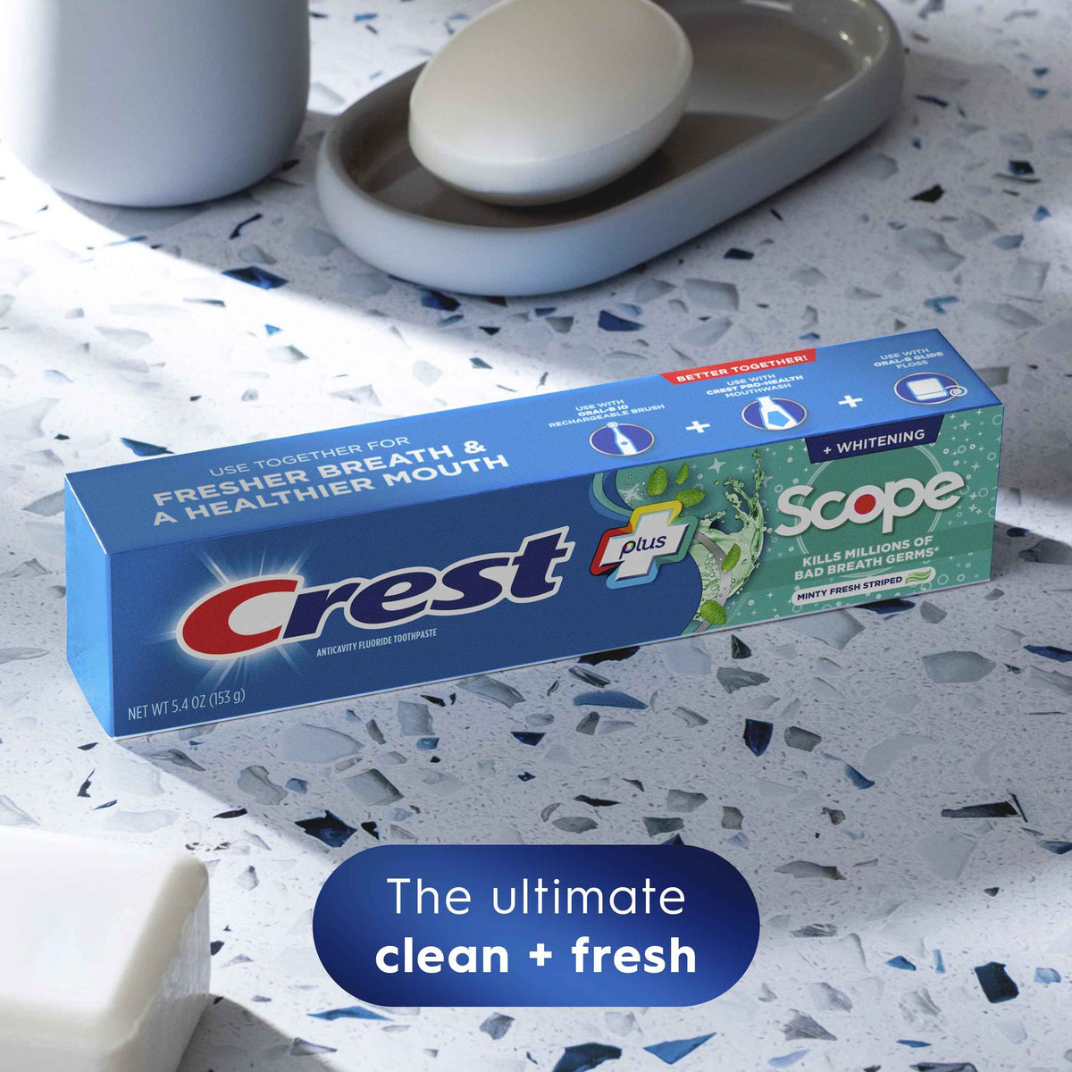 Crest + Scope Whitening Toothpaste - Pack of 3, 5.4 Oz Tubes - Anticavity Fluoride Toothpaste, Fresh Breath, Kills Germs - Tartar Protection,