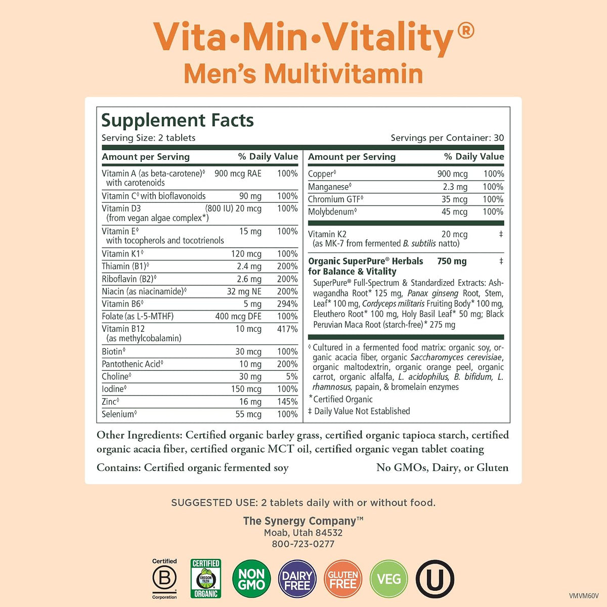 PURE SYNERGY Vita·Min·Vitality - Natural Multivitamin for Men - Men’s Daily Multivitamin Made with Organic Whole Foods - for Energy, Stress, and Immune Support (60 Tablets)