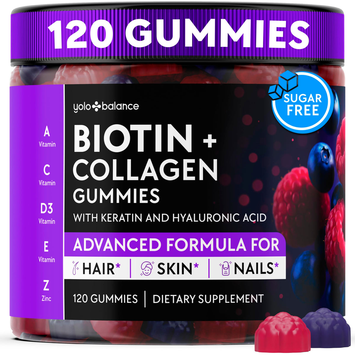 YOLOBALANCE Biotin Gummies 10000mcg for Hair Growth Support - Sugar Free Multi Collagen with Keratin, Silica & Hyaluronic Acid - Pectin Based