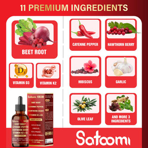 11in1 Beet Root Liquid Drops Supplement with Formula with D3, K2, Hawthorn, Red Spinach, Garlic & Green Tea and More - Supports Immune & Vitality - 1 FL Oz - for 60 Days SatoomiBuy Supplements Australia