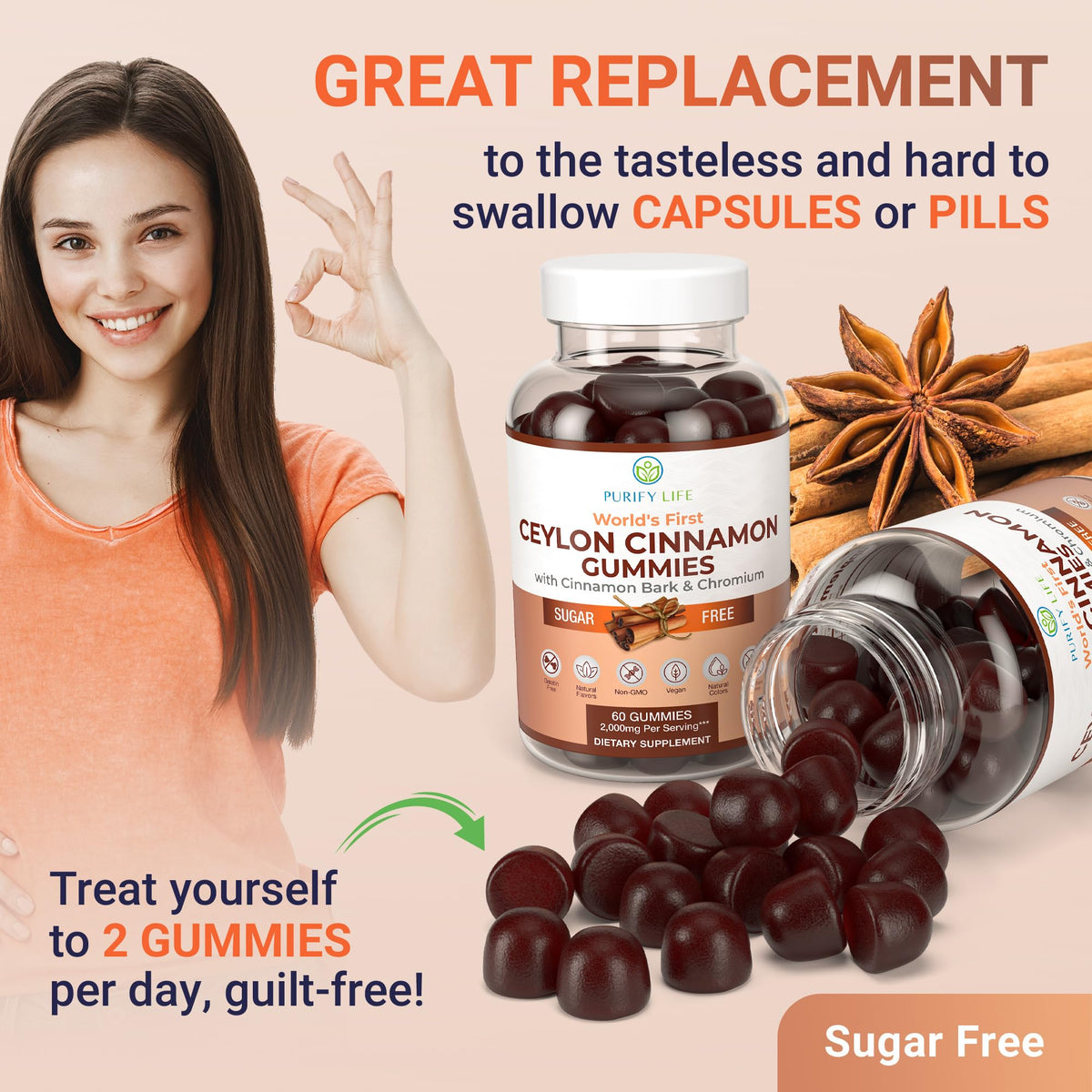 Sugar-Free Ceylon Cinnamon Gummies (2,000mg/Serving) - Vegan, Gluten-Free Herbal Cinnamon Supplement - Replace Cinnamon Capsules
