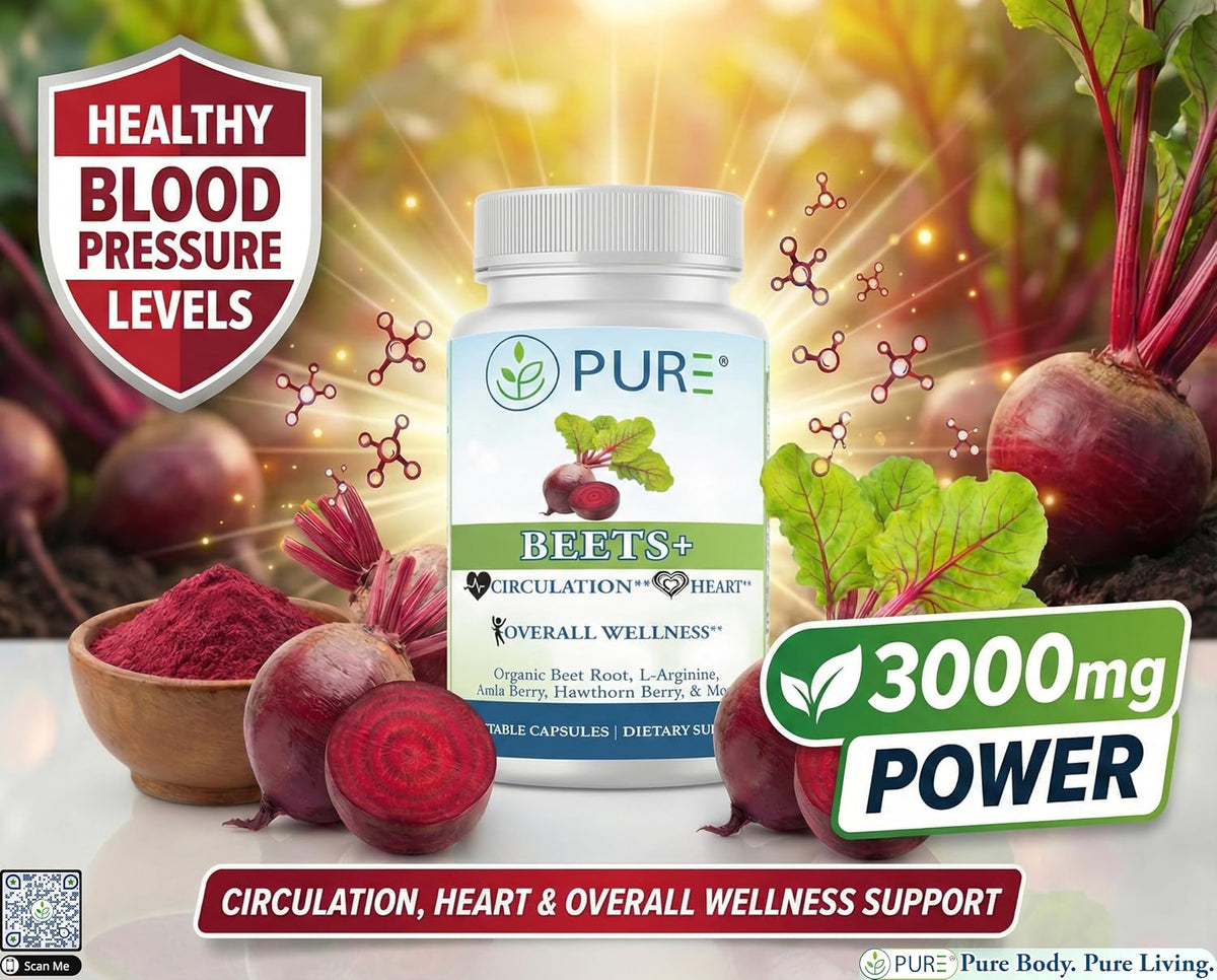 PURE Beets+ Organic Beet Root Capsules - 900mg - 90 Count, 30 Servings - Blood Pressure & Circulation Support Supplement - with L-Arginine, Hawthorn Berry & B12 - Cardiovascular Health - Made in USA