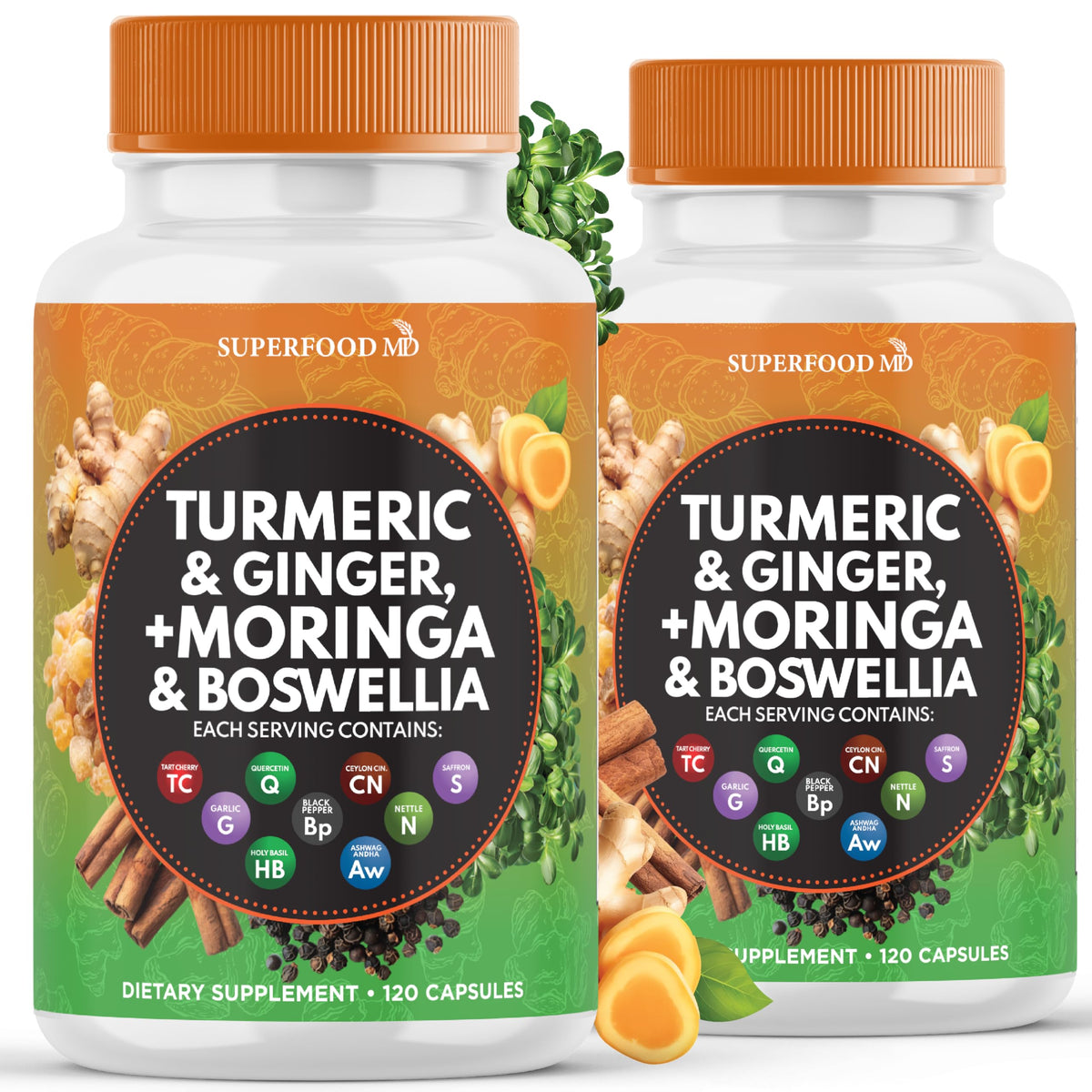 Turmeric Moringa Supplement - Ginger, Boswellia, Saffron, Holy Basil- Joint Support Supplement for Women and Men with Ceylon Cinnamon, Quercetin, Tart Cherry- 240 Count