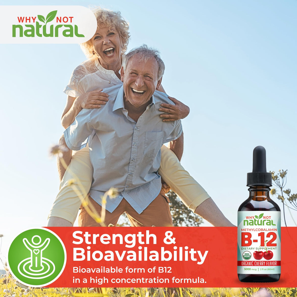 Why Not Natural Organic Vitamin B12 Liquid - Sublingual Extra Strength 60 x 5000 mcg Methylcobalamin Drops, Vegan