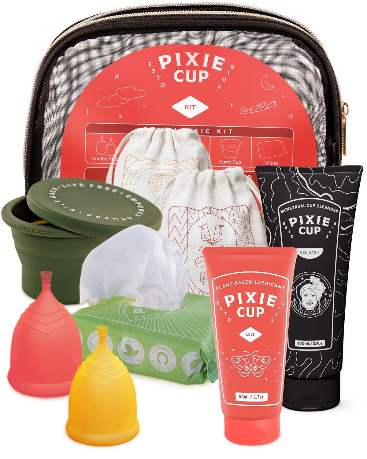 Pixie Cup Menstrual Kit - Best Period Cup Starter Kit - 2 Cups, Wash, 20 Wipes, Lube, Public