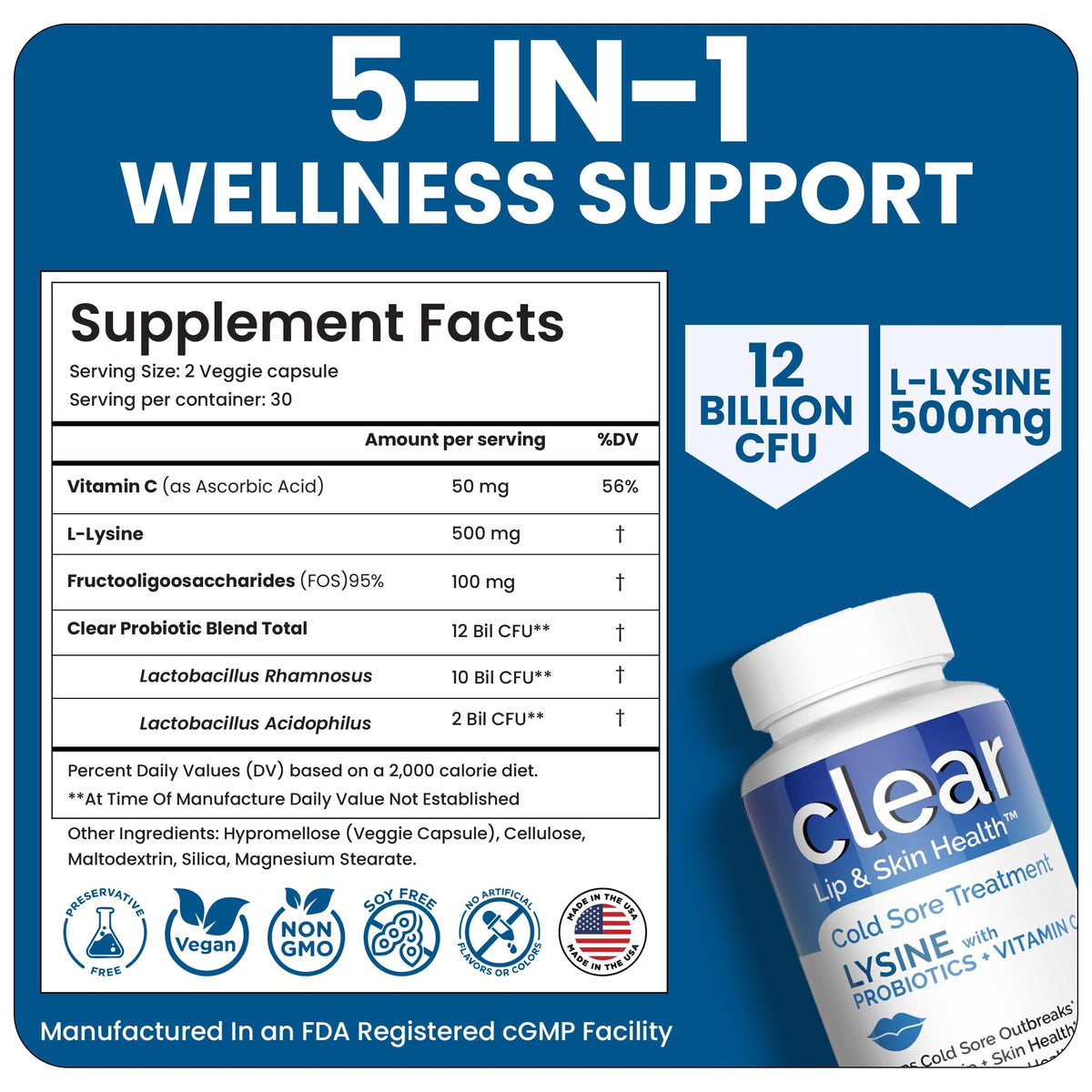 Lysine Cold Sore Treatment for Lips with Pre-Probiotics & VIT C - 1 Month Supply - Supercharged Lysine Capsules with Rhamnosus & Acidophilus for Cold Sores Relief