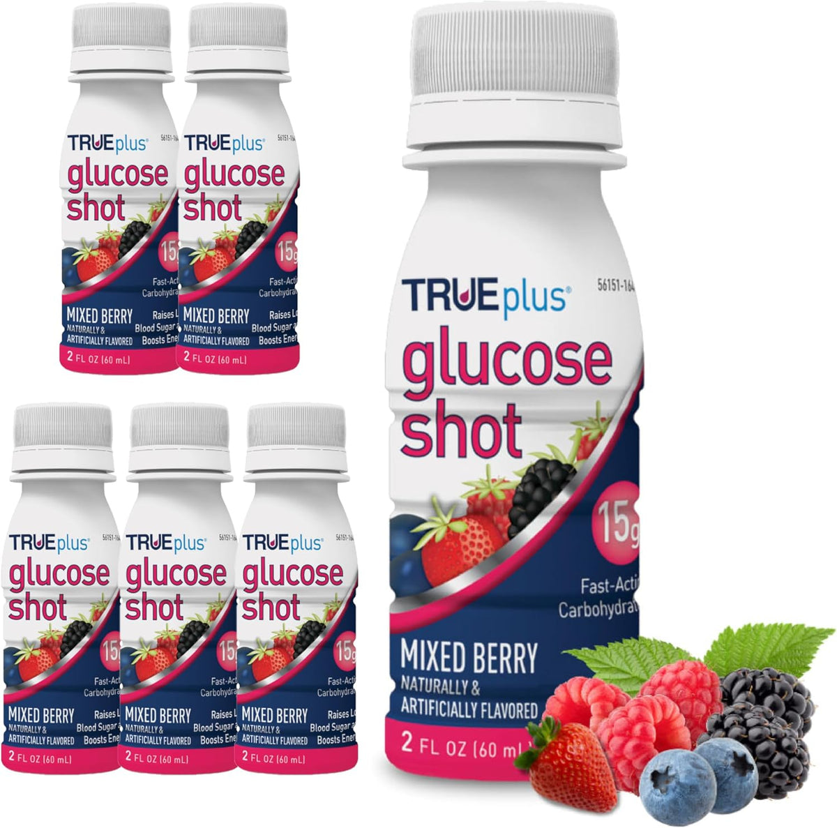 TRUEplus Glucose Shot, 15g Carbohydrates, Mixed Berry Flavor, 6 Pack - 15g Fast-Acting Carbohydrates, Fat Free, Gluten Free, Boosts Energy, Great Tasting and Easy to Use