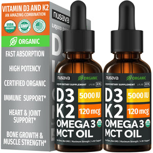 (2 Pack) Organic Vitamin D3 K2 Drops with MCT Oil Omega 3, 5000 IU, Maximum Strength Vitamin D Liquid, No Fillers, Non-GMO Liquid D3 for Faster Absorption and Immune Support (Unflavored, 2 Fl Oz) NUSAVABuy Supplements Australia