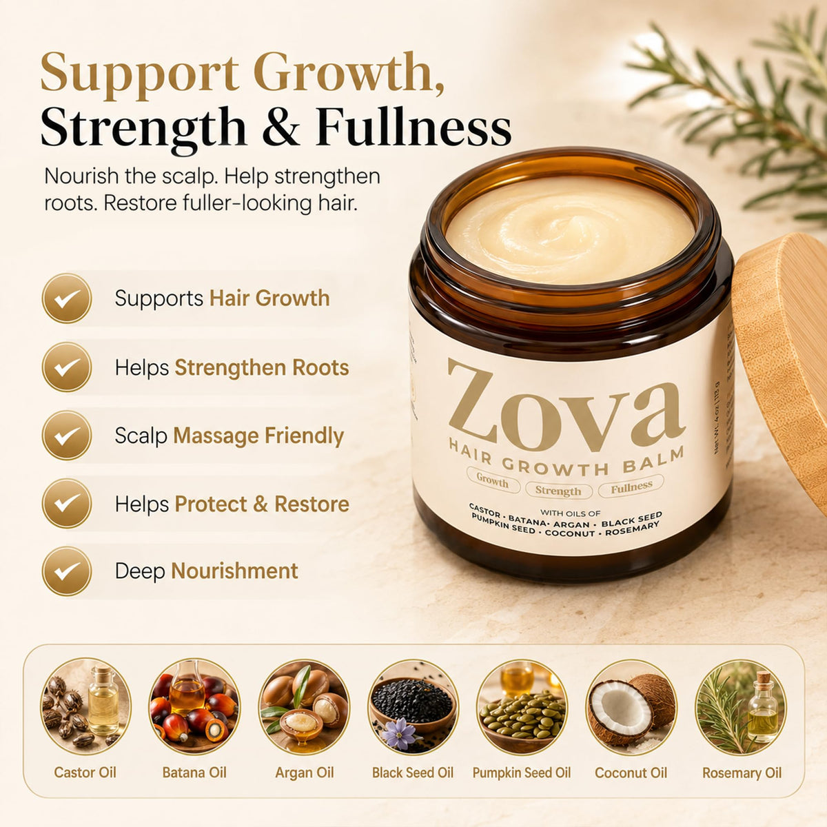 Zova Hair Growth Balm - Batana, Castor, Argan & Rosemary Oil Blend for Thicker, Stronger Hair - Deep Scalp Nourishing Hair Treatment for Men & Women - Natural Hair Repair & Moisturizing Balm 4 oz