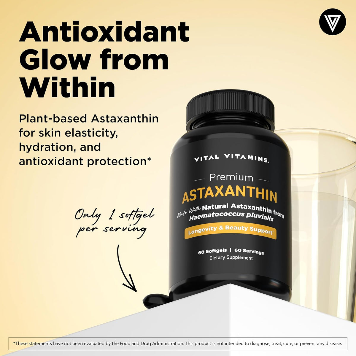 Vital Vitamins Astaxanthin 12mg Softgels for Skin Hydration & Elasticity - Natural Astaxanthin from Microalgae, Antioxidant Protection for Skin, Eyes & Exercise Recovery, Vegan, 60 Softgels