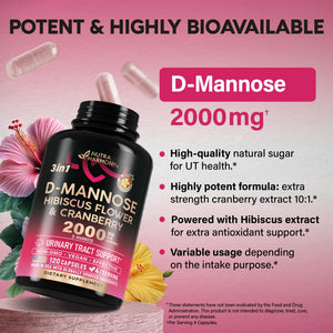 D-Mannose 2000mg with Cranberry & Hibiscus - Clinically Tested Strength for Urinary Tract Health - Supplement for Women - Bladder, Liver & Microflora Support - Made in USA - Vegan, 120 Capsules NUTRAHARMONYBuy Supplements Australia