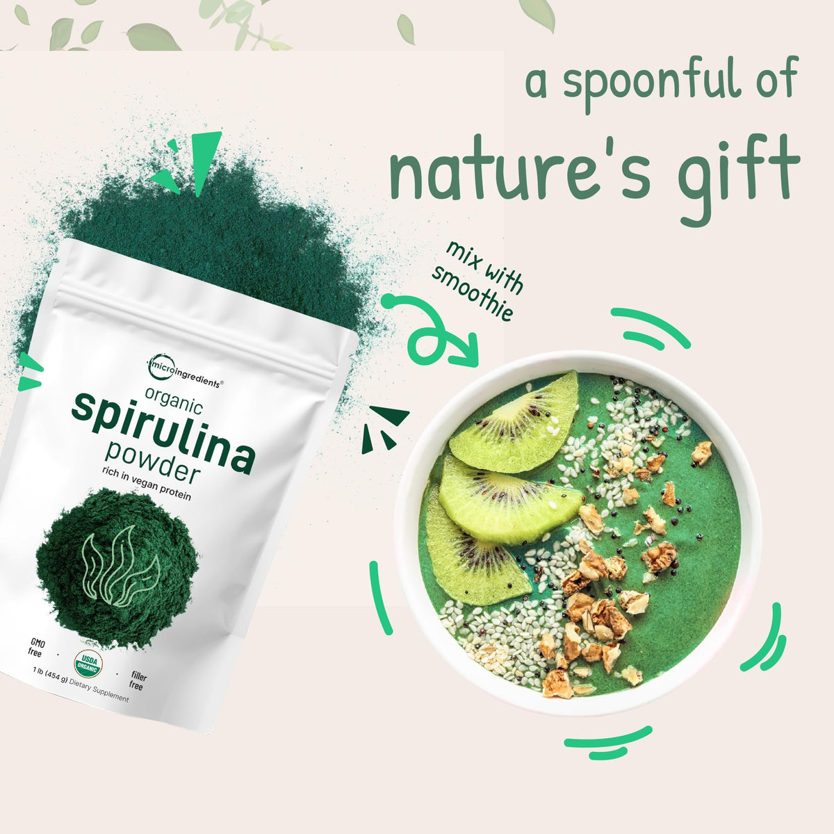 Micro Ingredients Organic Spirulina Powder, 1lb - Blue-Green Algae, Rich in Vegan Protein, Vitamins & Minerals - Source of Natural Chlorophyll & Enzymes