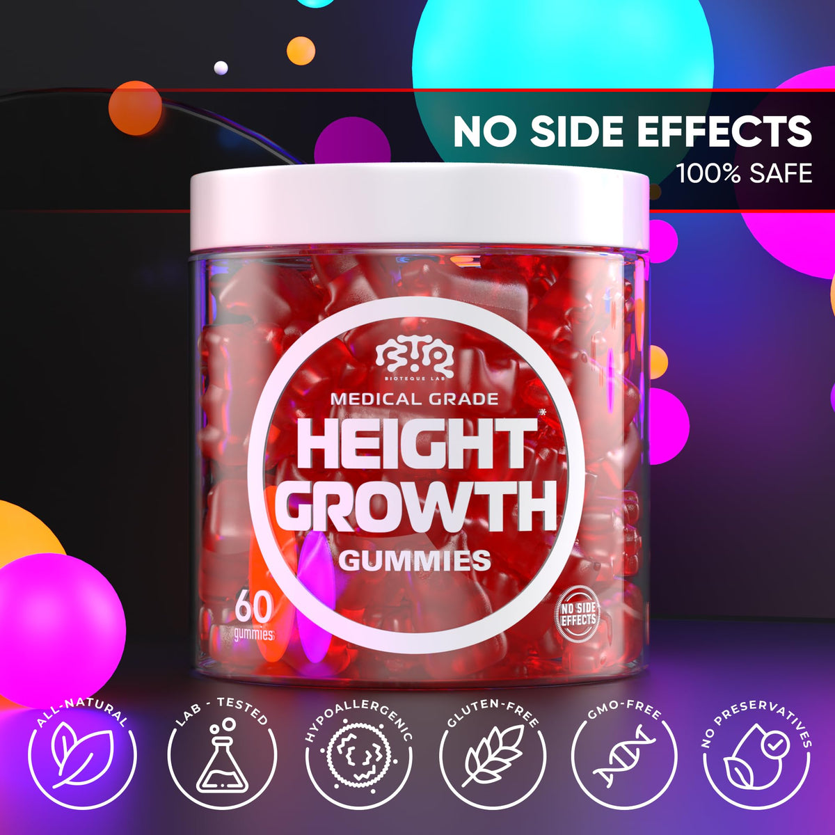 BIOTEQUELAB Height Growth Increase Gummies Vitamins, Grow Tall Supplement, Calcium, Magnesium, Zinc, Ashwagandha