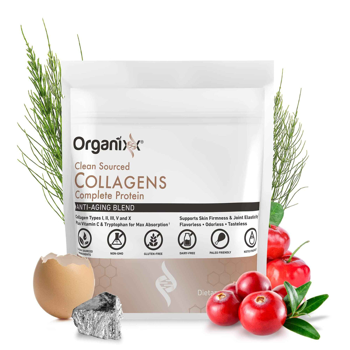 Organixx Clean Sourced Collagen Peptides Powder with Vitamin C, Types I, II, III, V, X Hydrolyzed Collagen, Hair, Nail, Skin, Bone & Joint Health,