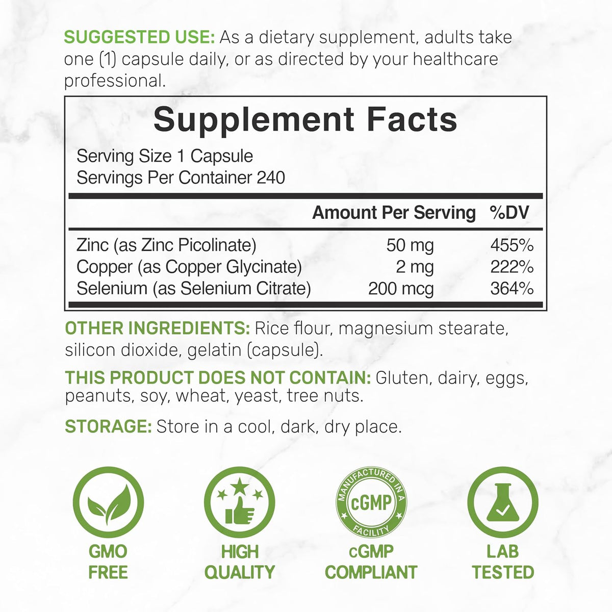 Zinc Picolinate 50mg with Copper & Selenium, 240 Capsules - 3-in-1 High Absorption Mineral Complex - Chelated Zinc Supplement for Immune Support* - 8 Month Supply