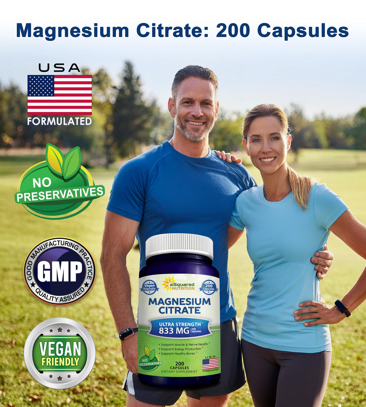 aSquared Nutrition Magnesium Citrate 833mg Supplement - 200 Capsules - Max Strength Vegan Mag Citrate Powder Pills to Support Pure Function of Muscles