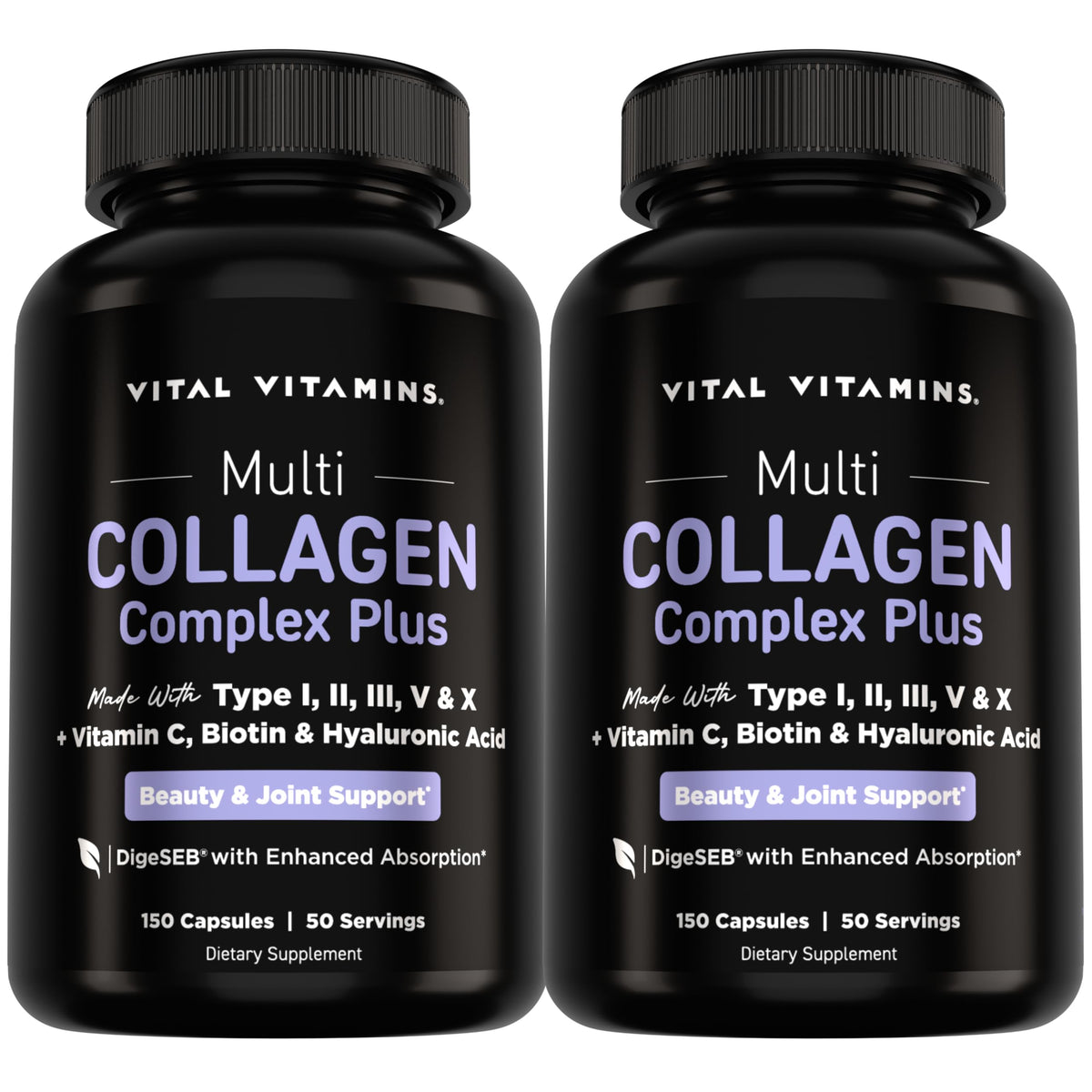 Vital Vitamins Multi Collagen Complex Plus Biotin, Hyaluronic Acid & VIT. C - Hair, Skin, & Nails Supplements for Women and Men, 5 Collagen Types I II III V & X, 150 Capsules