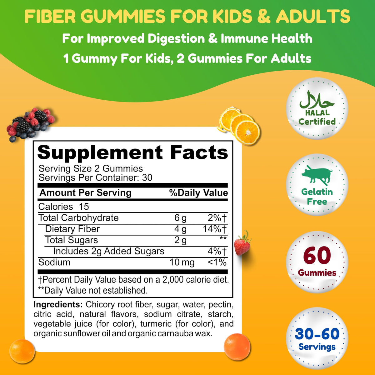 SHIFAA NUTRITION Halal & Gluten Free Fiber Gummies for Kids & Adults - 4g, 30-60 Servings - 60 Gummies - Improves Digestive Health, Immunity & Gut Health - Vegan Prebiotic - Non-GMO, Gelatin-Free