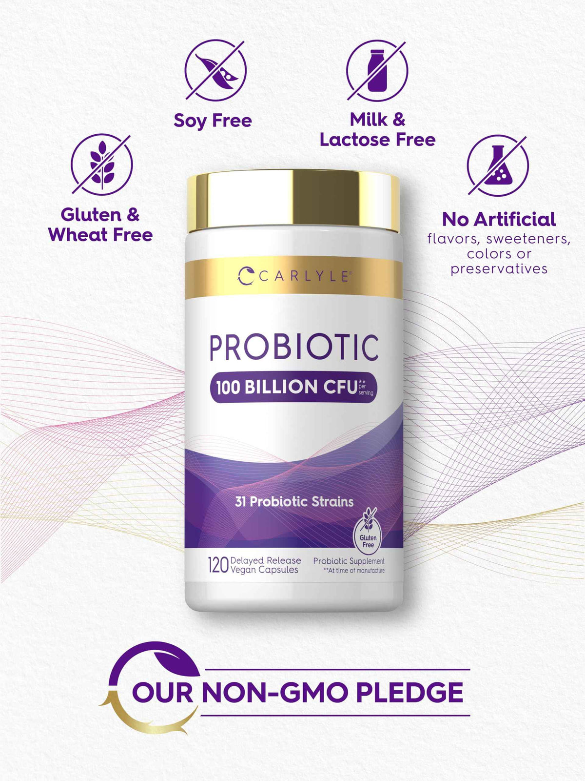 Carlyle Probiotic 100 Billion CFU | 120 Capsules | Delayed Release | 31 Probiotic Strains | with Prebiotic Fiber | Vegan, Non GMO, Gluten Free
