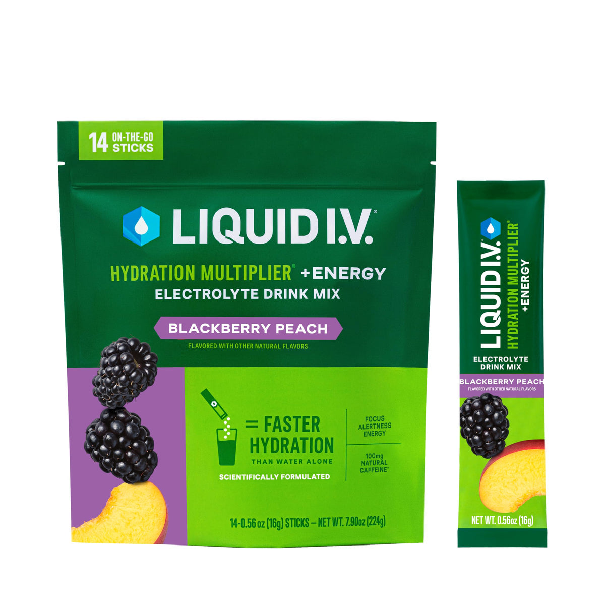 Liquid I.V. Hydration Multiplier +Energy - BlackBerry - Peach - Electrolyte Powder Drink - 1 Pack (14 Servings)