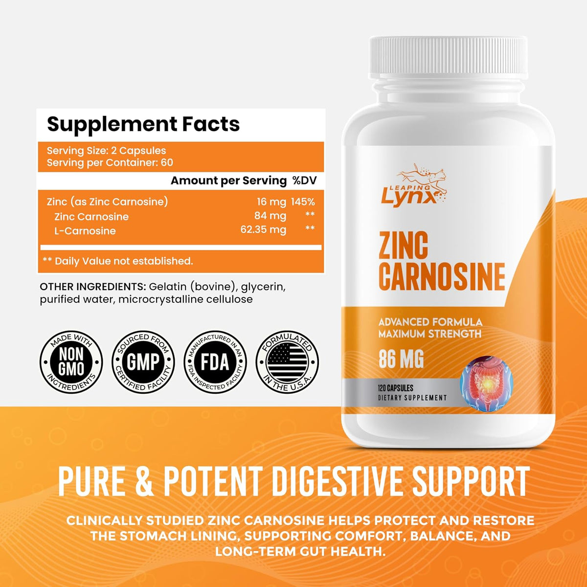 Zinc Carnosine 86 mg - Clinically Studied Zinc + L-Carnosine Complex for Gut Lining & Stomach Support - 120 Capsules (60-Day Supply) - Digestive Comfort, Mucosal Repair & Balance - Non-GMO