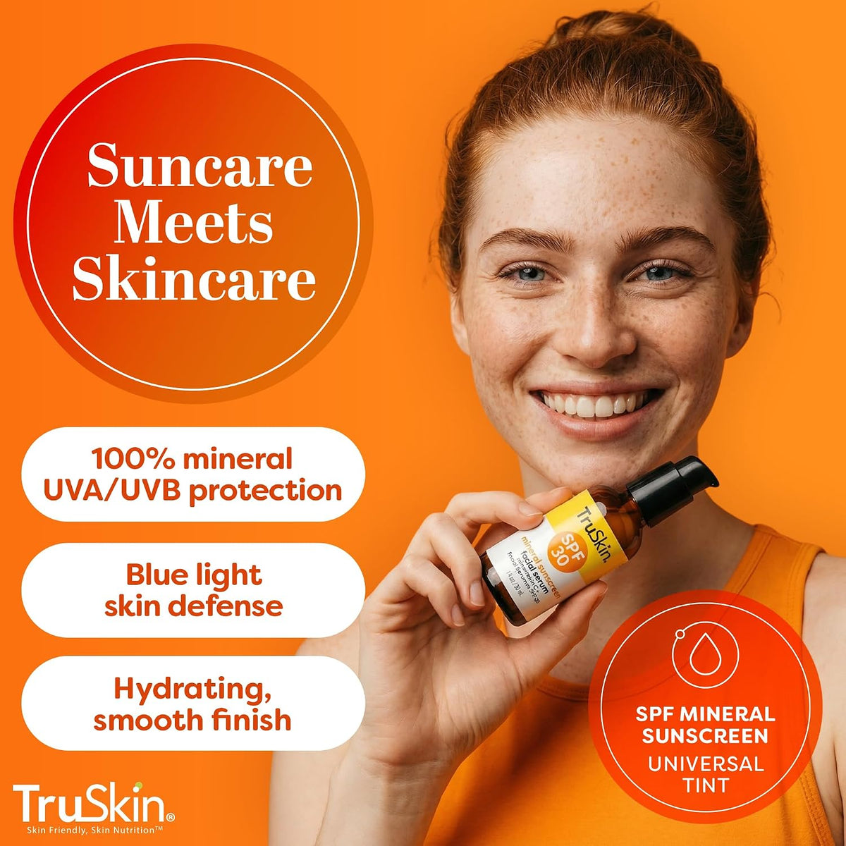 TruSkin SPF 30 Tinted Mineral Sunscreen Face Serum, Zinc Oxide, 1 fl oz - Universal skin tint with Vitamin C, Hyaluronic Acid, Ceramides and Niacinamide for lightweight daily mineral UV protection