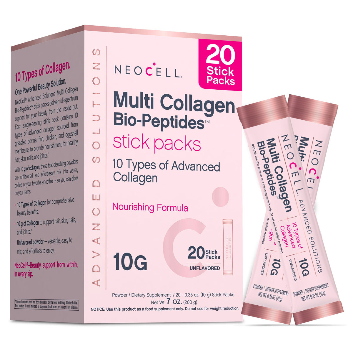 NeoCell Multi Collagen Powder - 20 Stick Packs - Unflavored and Mixes Easily - 10 Types of Advanced Collagen Bio-Peptides - Superior Absorption