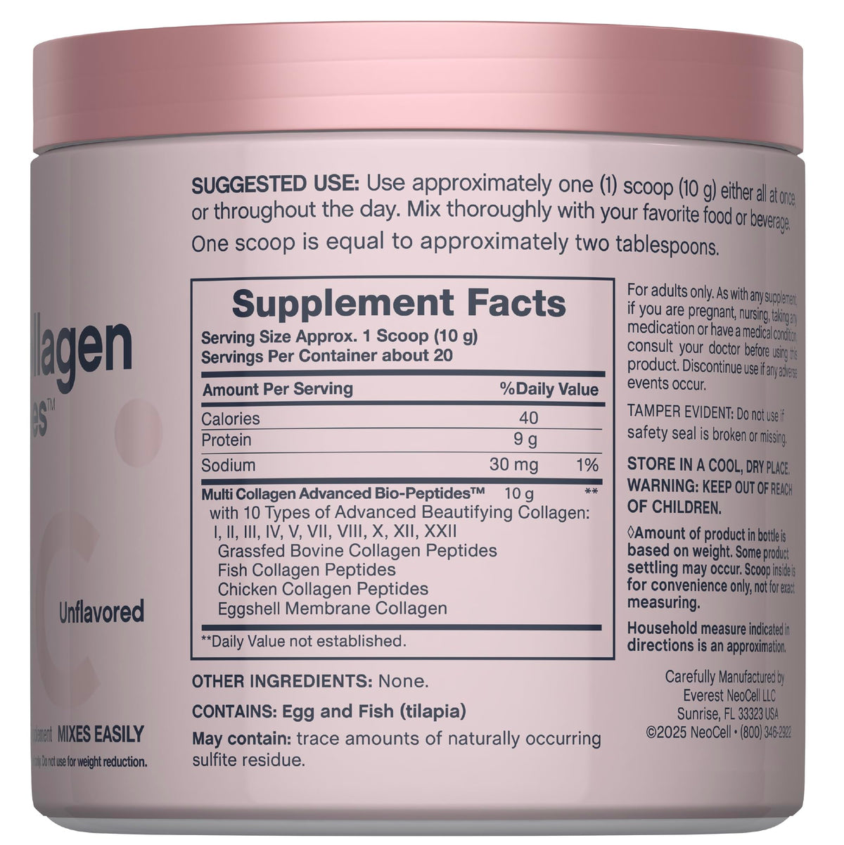 NeoCell Multi Collagen Peptides Powder - 7 oz - 10 Types of Advanced Bio-Peptides - Superior Absorption - Unflavored and Mixes Easily