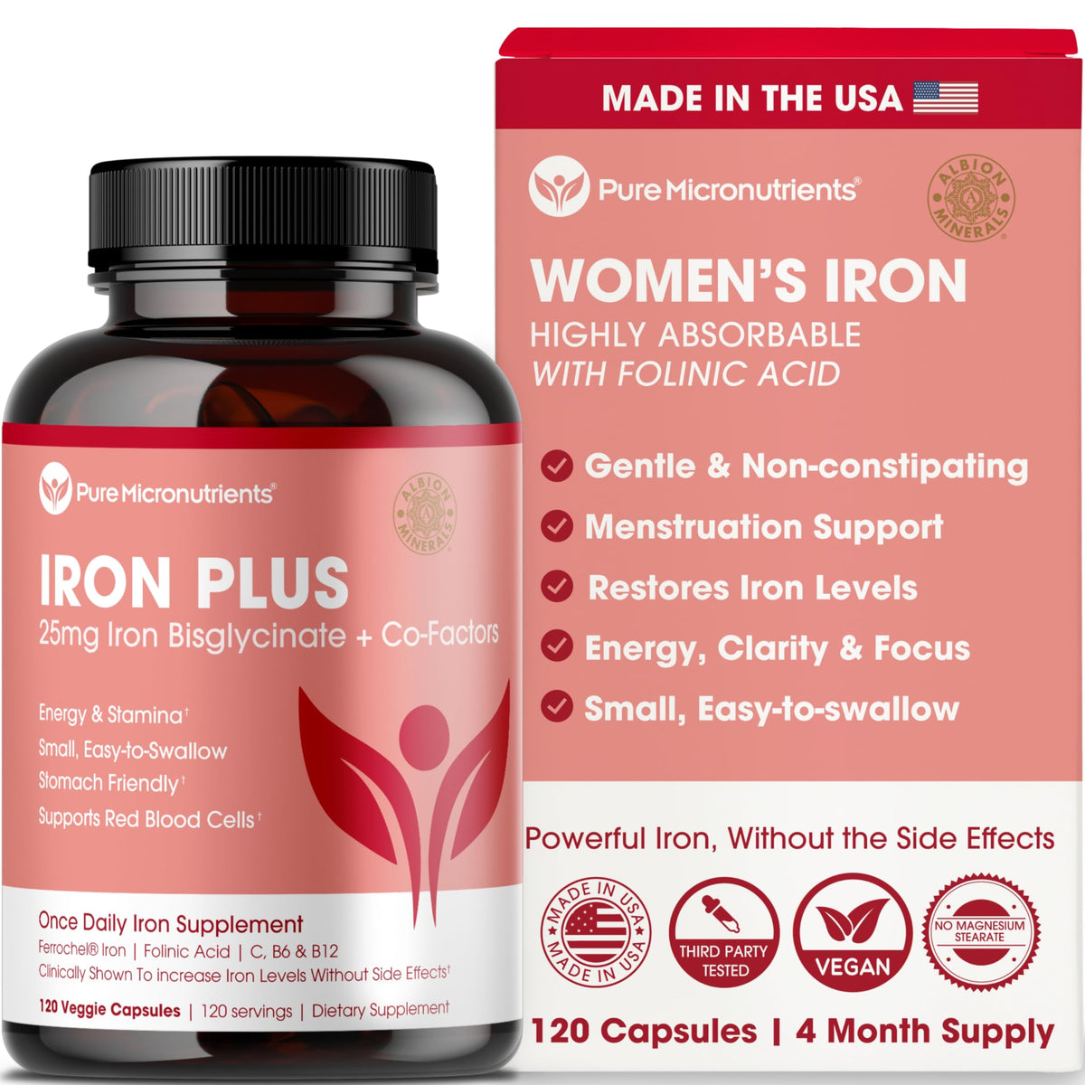 Iron Supplement for Women - Gentle Chelate Iron Bisglycinate 25mg with Vitamin C, B6, B12 Folic Acid - Supports Iron Deficiency